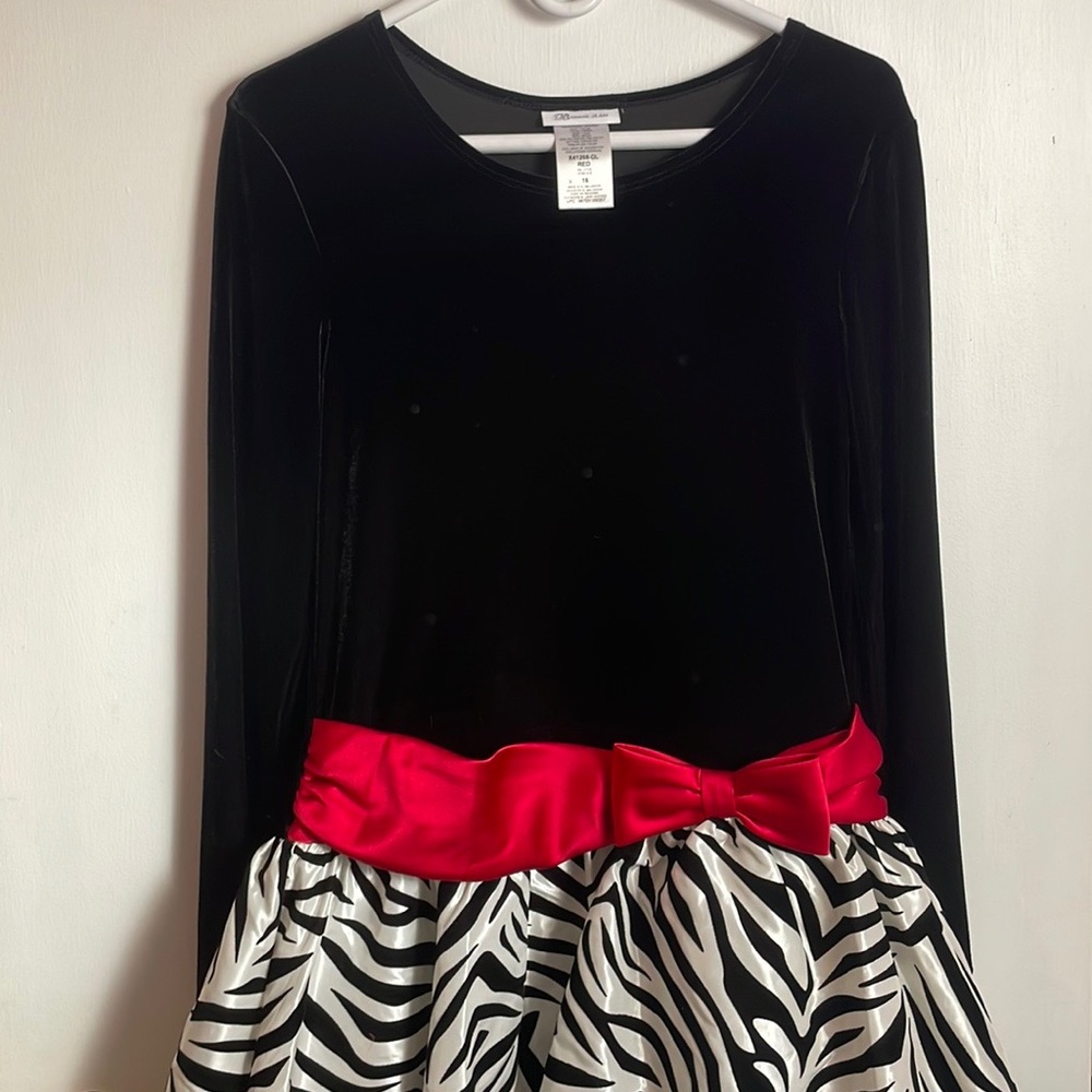 Bonnie Jean- Girls black velvet red satin tie with bow zebra print